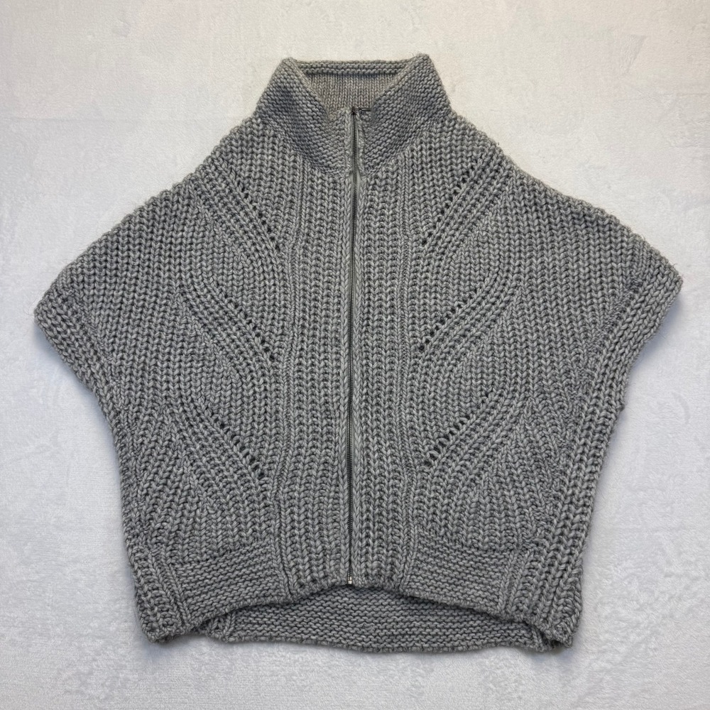 Elsamanda Italy Gray Alpaca Wool Blend Chunky Knit Zip Up Poncho Vest One Size